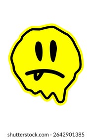 Bold and distorted sad face emoji with a grunge cartoon style. Bright yellow color with thick black outlines, expressing a unique, quirky, and emotional vibe. Perfect for streetwear graphics, digital 