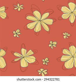 Bold Doodle Daisies Floral Pattern, yellow on red, seamless tiles for wallpaper, background or fabric
