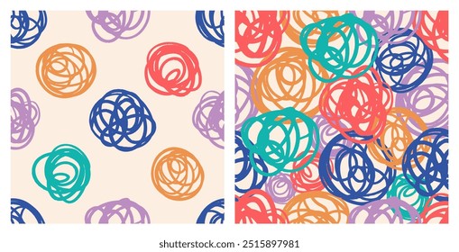Bold Doodle Lines pattern set. Abstract Squiggle Wavy print. Naive playful squiggle background. Color Childish drawing. Vector illustration in beige background.