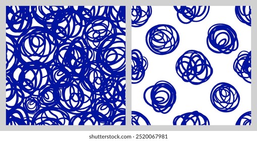 Bold Doodle Lines pattern set. Abstract Squiggle Wavy print. Naive playful squiggle background. Childish drawing in Blue Pen color.
