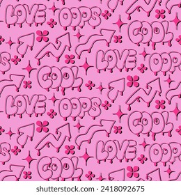 Bold doodle outline words seamless pattern. Trendy 90s style concept. Hand drawn words in bubble, street style graffiti style. Perfect for modern textile, banner, wrapping paper