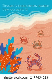 Bold dopamine design card with beach, crabs and seaweed in flat illustration style. Vector illustration. Vibrant blue, turquoise, beige, orange colors. Poster, banner, flyer, greeting card template.