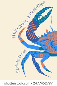 Bold dopamine design card with crab and seaweed in flat illustration style. Vector illustration. Vibrant blue, turquoise, beige, orange colors. Poster, banner, flyer, greeting card template.