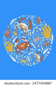 Bold dopamine design card with crab and seaweed in flat illustration style. Vector illustration. Vibrant blue, turquoise, beige, orange colors. Poster, banner, flyer, greeting card template
