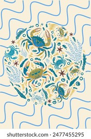 Bold dopamine design card with crab and seaweed in flat illustration style. Vector illustration. Vibrant blue, turquoise, beige, orange colors. Poster, banner, flyer, greeting card template.
