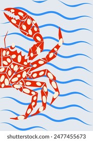Bold dopamine design card with crab and sea waves in flat illustration style. Vector illustration. Vibrant blue, turquoise, beige, orange colors. Poster, banner, flyer, greeting card template.