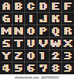 Bold dot alphabet and numbers in vibrant color scheme. Modern vector font design using colorful 3D-style circles on black background. Perfect for games, kids, posters, and digital projects.