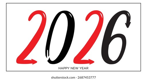 Caligrafía audaz y dinámica del año Nuevo 2026 con diseño de flechas | Tipografía de Vector negro y rojo para pronóstico de negocios, dirección futura y Anuncio de Festiva