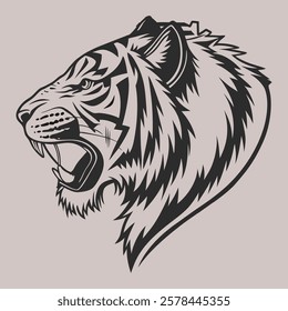 A bold and dynamic black and white illustration of a tiger's head with fur and fierce expression