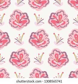 Bold and dynamic cherry blossom seamless pattern design in eye-catching colors. Large blooms alternate with abstract plant sprigs to create a repeat vector design for textiles, home decor and paper.