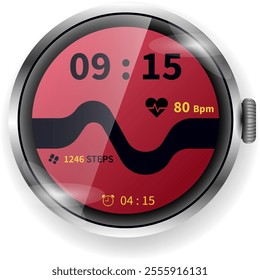 A bold and dynamic circular smartwatch face featuring a red theme with integrated step counter, heart rate monitor, and alarm time