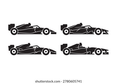 A bold and dynamic collection of Formula racing car vector icons in multiple styles and poses, rendered in black silhouette. Perfect for motorsport events, racing game graphics, car enthusiast social media, speed brand identities, and automotive illustration projects.
