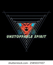 A bold and dynamic digital artwork featuring a fierce tiger head at the center of an electrifying geometric triangle design. The "Unstoppable Spirit" text enhances the powerful and determined theme.