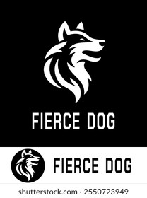 Bold and dynamic fierce dog logo in white silhouette on a dark background, symbolizing strength, loyalty, and protection