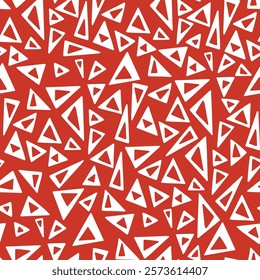 Bold and dynamic geometric pattern with white triangles of various sizes on a red background. Perfect for energetic and contemporary designs.