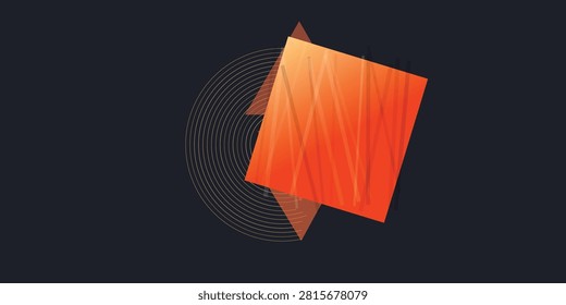 A bold and dynamic illustration featuring an orange square overlapping a set of golden triangles and a delicate circular wireframe pattern. The interplay of shapes creates a modern layered visual exp
