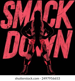 Ilustración audaz y dinámica de un luchador en rojo con el texto "Smack Down". Perfecto para deportes, promociones de lucha libre y diseños con temas de fitness.