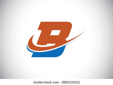 Bold and Dynamic Letter B Logo Featuring a Swoosh in Orange and Blue Colors