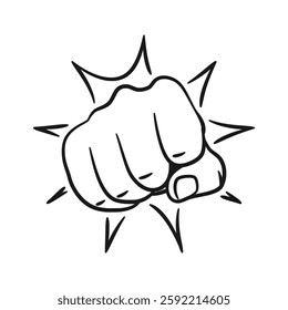 A bold and dynamic line art illustration of a clenched fist in a punching pose. Perfect for designs related to strength, resistance, sports, or motivation.