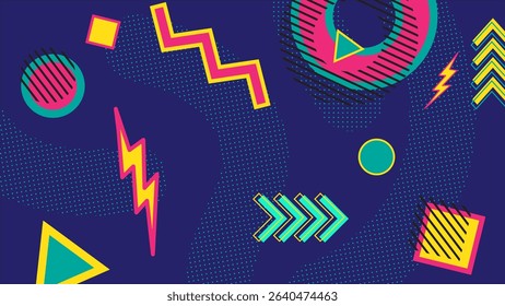 Bold and dynamic Memphis style background with vibrant geometric shapes, lightning bolts, and arrows on a deep blue. Suitable for energetic branding, retro events, or youth-focused digital content