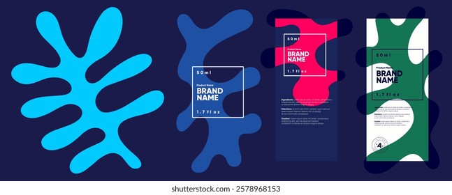 Bold and dynamic packaging design with fluid abstract shapes and vibrant colors. A modern and trendy label layout for high-end branding and cosmetics.