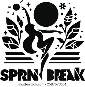 A bold and dynamic Spring Break logo featuring a silhouette of a dancing figure, sun, and tropical leaves. The design uses strong black shapes for a striking visual impact