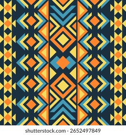 A bold and dynamic tribal-inspired geometric pattern with diamonds, triangles, and chevrons in orange, yellow, and blue. Ideal for fashion prints, digital textiles, and eye-catching designs. Seamlessl