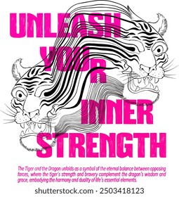 Bold and dynamic vector illustration combining a fierce tiger with flowing lines and striking typography, symbolizing inner strength and the power of courage. Ideal for motivational designs and empowe