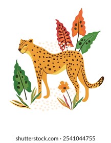 Bold and dynamic vector illustration featuring a majestic cheetah surrounded by lush tropical leaves.