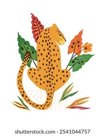 Bold and dynamic vector illustration featuring a majestic cheetah surrounded by lush tropical leaves.