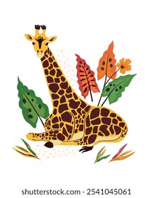 Bold and dynamic vector illustration featuring a majestic giraffe surrounded by lush tropical leaves.