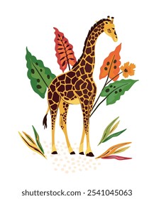 Bold and dynamic vector illustration featuring a majestic giraffe surrounded by lush tropical leaves.