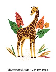 Bold and dynamic vector illustration featuring a majestic giraffe surrounded by lush tropical leaves.