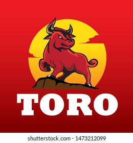 A bold and dynamic vector mascot featuring a powerful red bull (toro) standing on a hill against a vibrant yellow sunset. The design exudes strength, determination, and raw energy, making it an ideal emblem for sports teams, fitness brands, energy drinks, automotive industries, and aggressive corporate identities. This high-impact illustration captures the spirit of a Spanish toro in a modern, clean, and professional style.