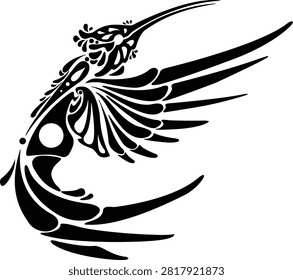 A bold and dynamically stylized monochrome illustration capturing a flying hummingbird in mid-flight. Executed with a high-contrast ink silhouette aesthetic reminiscent of traditional tribal art, linocut woodblock printing, or modern tattoo flash, this graphic showcases fluid abstract shapes, sharp geometric contours, and elegant negative space details. The striking visual motion and clean black-and-white lines make this high-quality vector artwork exceptionally well-suited for sports mascot emblems, unique brand logos, apparel prints, t-shirt graphics, and sharp creative design elements.#HummingbirdSilhouette #MonochromeLogo #TribalArt #InkArt #MascotDesign #VectorGraphics #FlyingBird #TattooStencil #LinocutStyle #GraphicElement