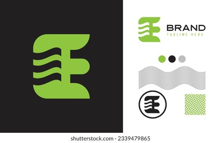 bold E letter logo using wave shape suitable for sports, food, coffee brands with logo variations and pattern for branding designs