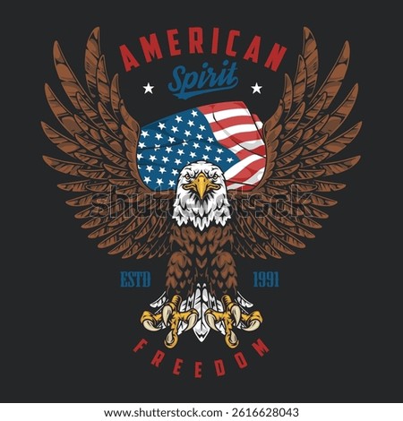 The bold eagle graphic features an American flag behind it and the words American Spirit. It represents patriotism and national pride established in 1991.