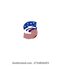 Fett Adler Kopf Brief Logo kombiniert Letter S Form mit einem amerikanischen Flagge Hintergrund Logo, Ausdruck Stärke, Stolz und patriotische Identität in einem sauberen modernen Vektorstil