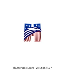 Fett Adler Kopf Buchstaben-Logo kombiniert Buchstabe H Form mit einem amerikanischen Flagge Hintergrund-Logo, Ausdruck Stärke, Stolz und patriotische Identität in einem sauberen modernen Vektorstil