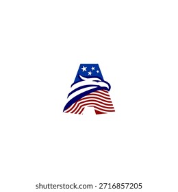 Fett Adler Kopf Brief Logo kombiniert Letter A Form mit einem amerikanischen Flagge Hintergrund Logo, Ausdruck Stärke, Stolz und patriotische Identität in einem sauberen modernen Vektorstil