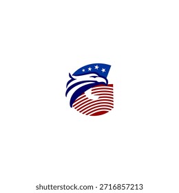 Fett Adler Kopf Buchstaben-Logo kombiniert Buchstabe G Form mit einem amerikanischen Flagge Hintergrund-Logo, Ausdruck Stärke, Stolz und patriotische Identität in einem sauberen modernen Vektorstil