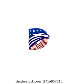 Fett Adler Kopf Buchstaben-Logo kombiniert Letter D Form mit einem amerikanischen Flagge Hintergrund-Logo, Ausdruck Stärke, Stolz und patriotische Identität in einem sauberen modernen Vektorstil