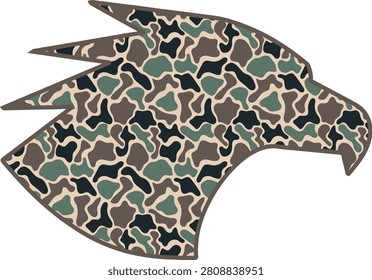 Bold eagle head silhouette vector graphic filled with classic duck camo pattern in muted taupe, stone, sage, and charcoal organic shapes. Clean outline with high contrast and strong presence. Perfect for mascots, team logos, apparel, stickers, patches, packaging, and lifestyle products blending heritage camo style with powerful wildlife symbolism for sports, outdoors, or brand identity.