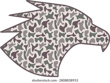 Bold eagle head silhouette vector graphic filled with classic duck camo pattern in muted taupe, stone, sage, and charcoal organic shapes. Clean outline with high contrast and strong presence. Perfect for mascots, team logos, apparel, stickers, patches, packaging, and lifestyle products blending heritage camo style with powerful wildlife symbolism for sports, outdoors, or brand identity.