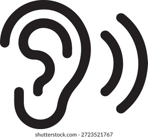 Bold ear hearing icon with sound waves for audio detection, listening feedback, accessibility tools, and volume interfaces