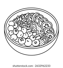 Bold easy coloring page of a comfy fruit bowl filled with kawaii blueberries, strawberries, bananas, and seeds. Perfect for kids activities, healthy food themes, and relaxing creative moments.