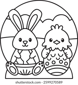 Bold and easy cute easter coloring pages. Spring-themed Easter bunny and eggs coloring page. Bold, easy, and perfect for young artists!