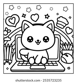 Bold and Easy Cute Kawaii Cat Playing With A Laptop Coloring Pages. Bold Outline Cute Kawaii Animal Coloring Pages, 