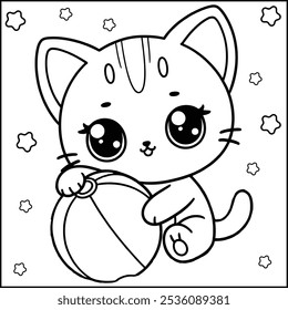 Gato kawaii lindo audaz y fácil que juega con las páginas para colorear de la bola. Bold Outline Lindo Kawaii Animal para colorear, 