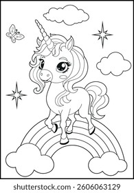 Bold and Easy Printable Unicorn Coloring Page for Kids. Cute, Hand-Drawn, Black and White Coloring Sheet with Cartoon Characters and Simple Doodles